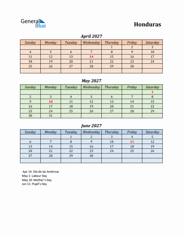 Q2 2027 Holiday Calendar - Honduras