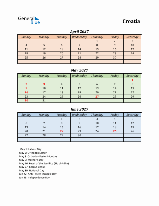 Q2 2027 Holiday Calendar - Croatia