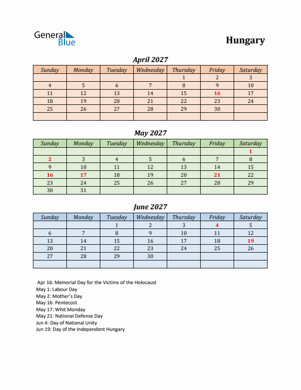 Q2 2027 Holiday Calendar - Hungary