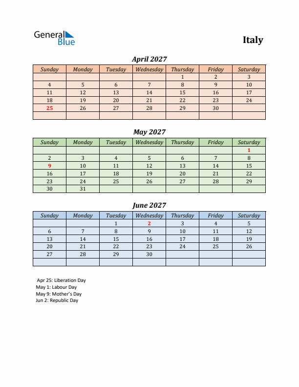 Q2 2027 Holiday Calendar - Italy