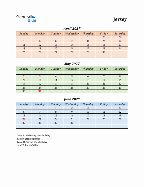 Q2 2027 Holiday Calendar - Jersey