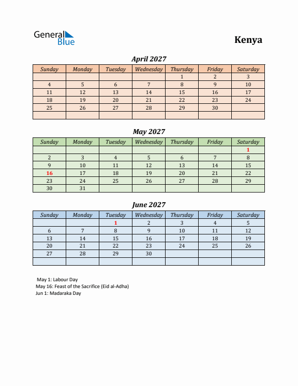 Q2 2027 Holiday Calendar - Kenya