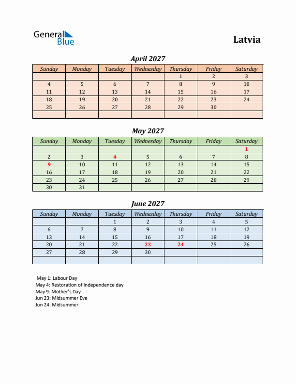 Q2 2027 Holiday Calendar - Latvia