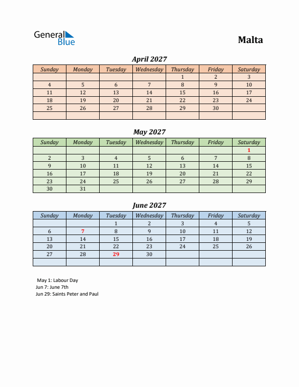 Q2 2027 Holiday Calendar - Malta