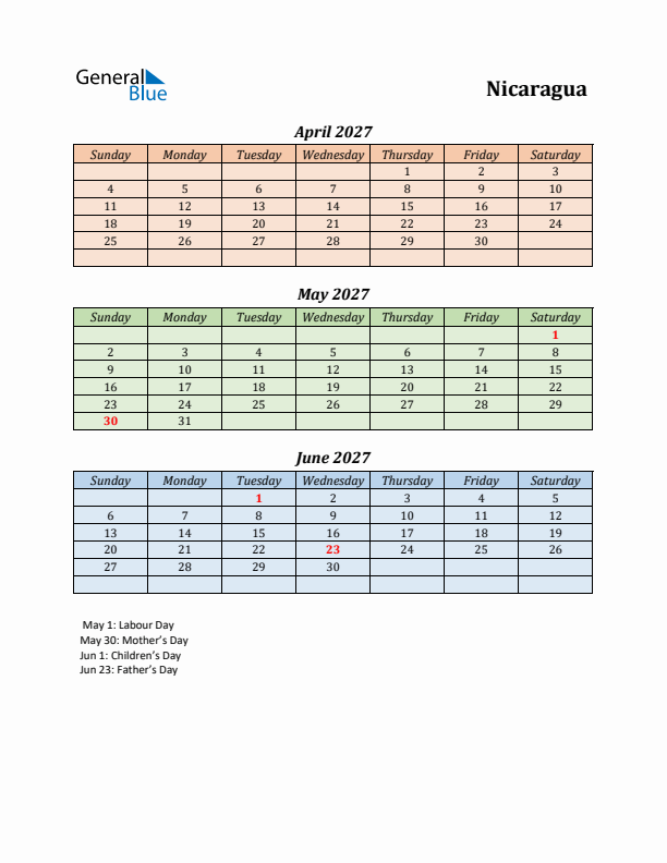 Q2 2027 Holiday Calendar - Nicaragua