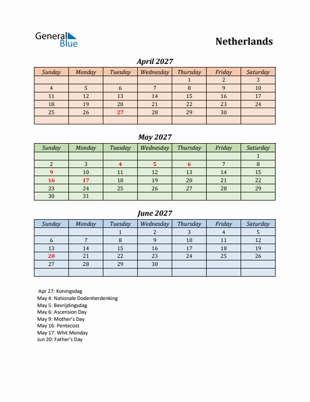 Q2 2027 Holiday Calendar - The Netherlands