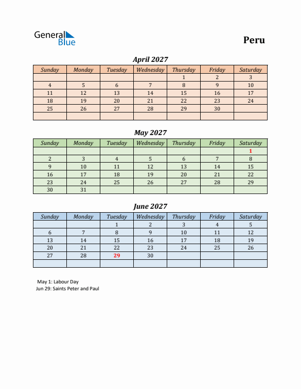 Q2 2027 Holiday Calendar - Peru