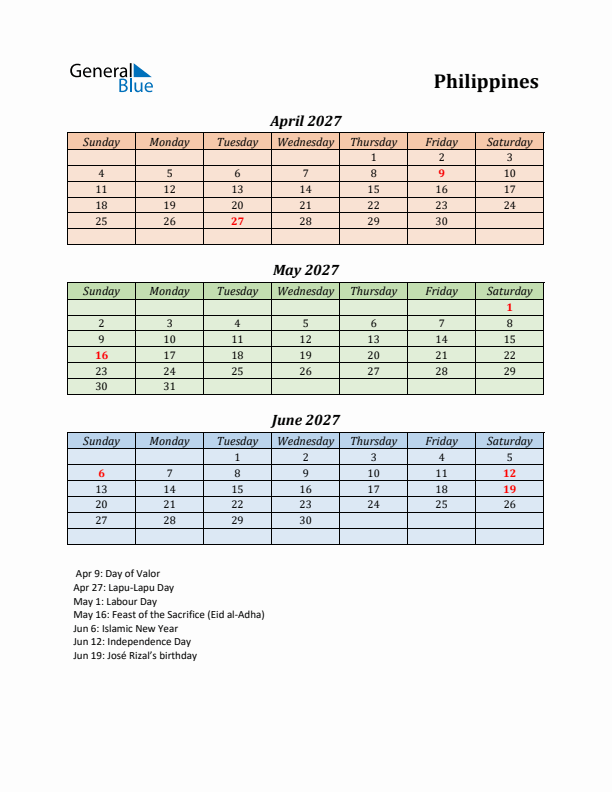 Q2 2027 Holiday Calendar - Philippines