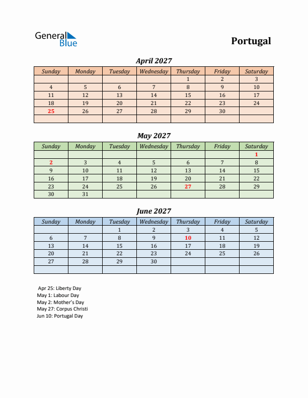 Q2 2027 Holiday Calendar - Portugal