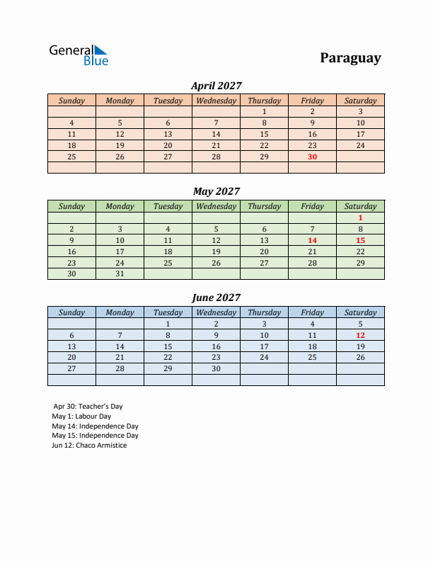 Q2 2027 Holiday Calendar - Paraguay