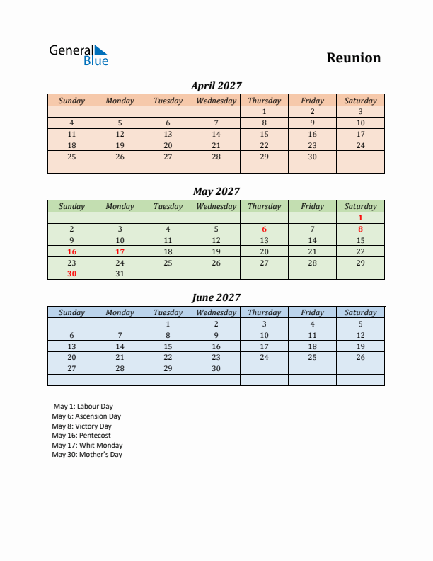 Q2 2027 Holiday Calendar - Reunion