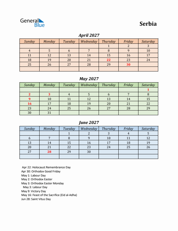 Q2 2027 Holiday Calendar - Serbia