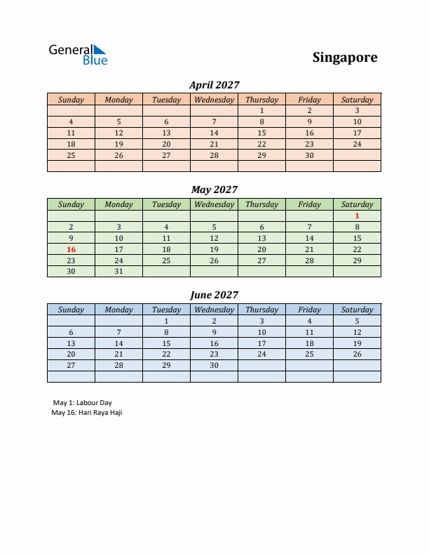 Q2 2027 Holiday Calendar - Singapore