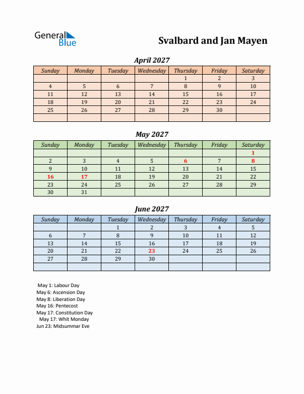 Q2 2027 Holiday Calendar - Svalbard and Jan Mayen