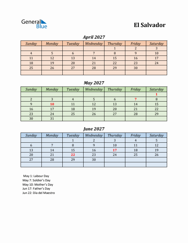 Q2 2027 Holiday Calendar - El Salvador