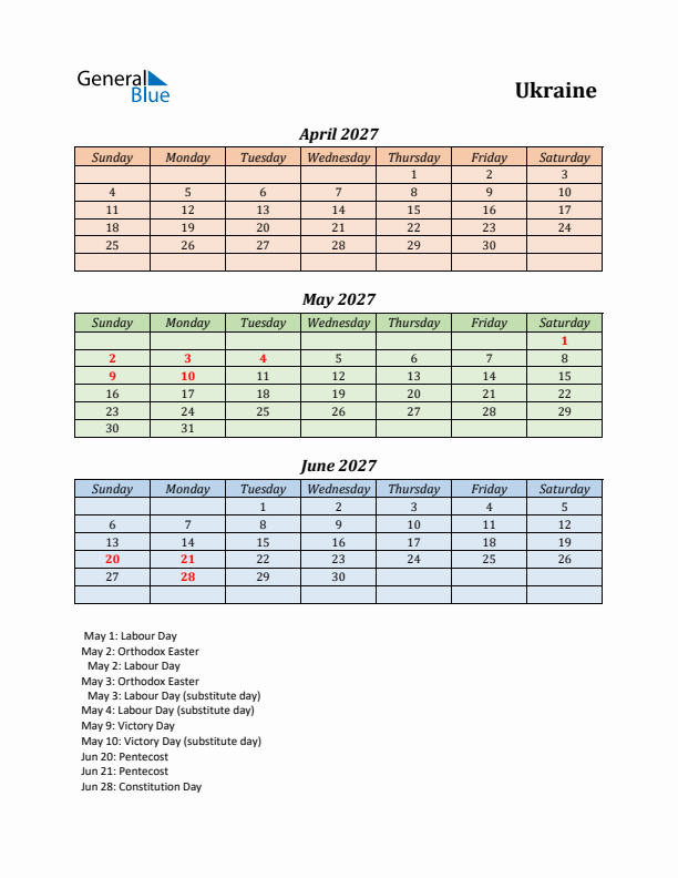 Q2 2027 Holiday Calendar - Ukraine