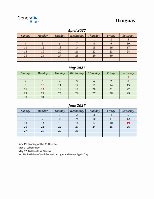 Q2 2027 Holiday Calendar - Uruguay