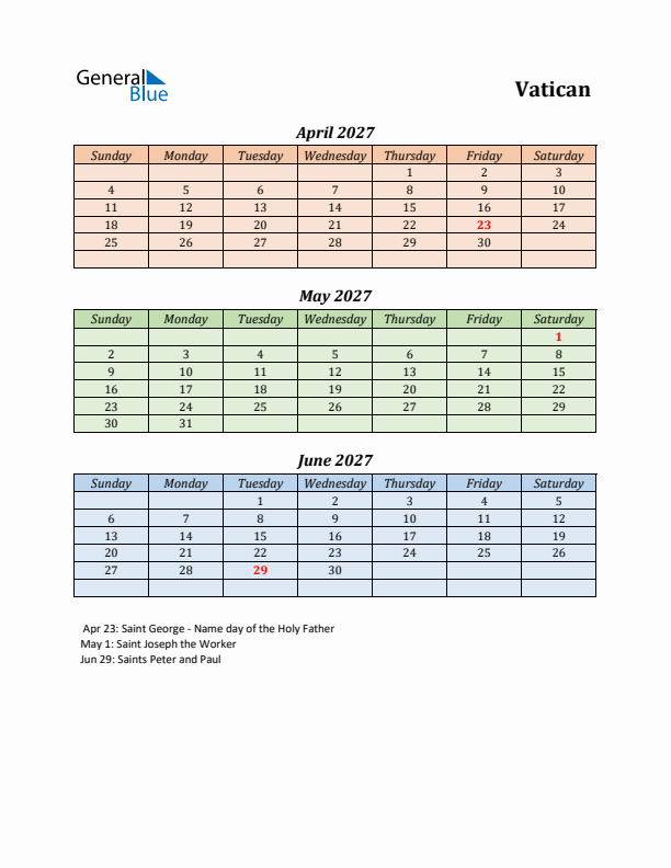 Q2 2027 Holiday Calendar - Vatican