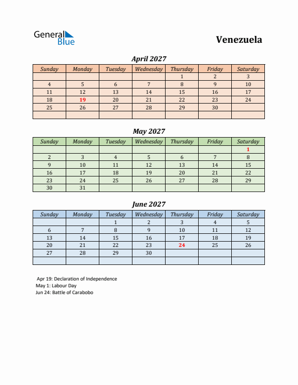 Q2 2027 Holiday Calendar - Venezuela