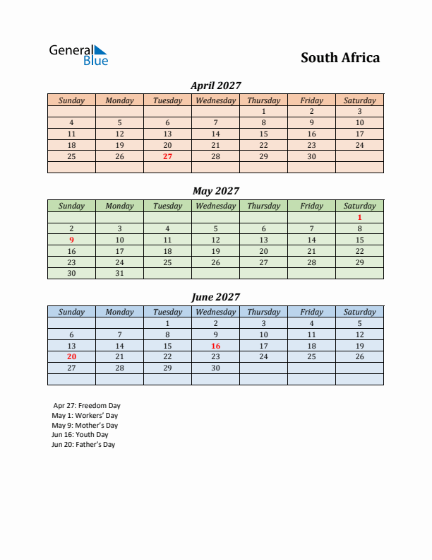 Q2 2027 Holiday Calendar - South Africa