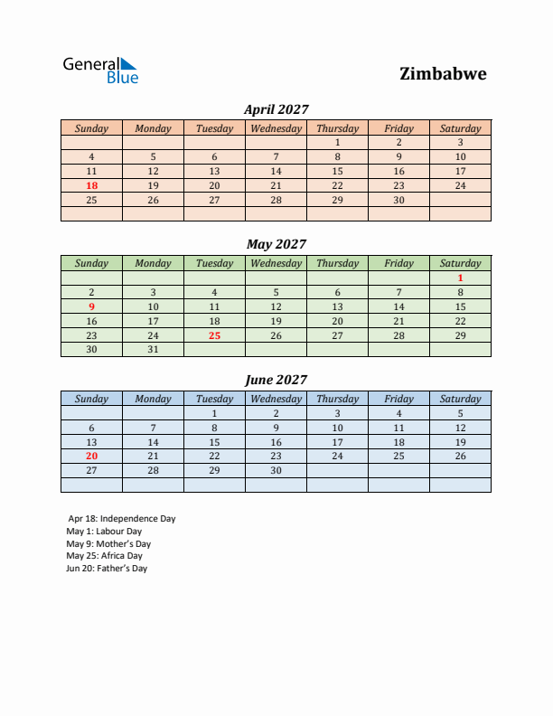 Q2 2027 Holiday Calendar - Zimbabwe