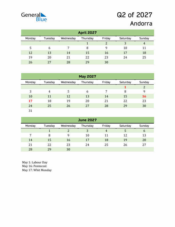 Quarterly Calendar 2027 with Andorra Holidays