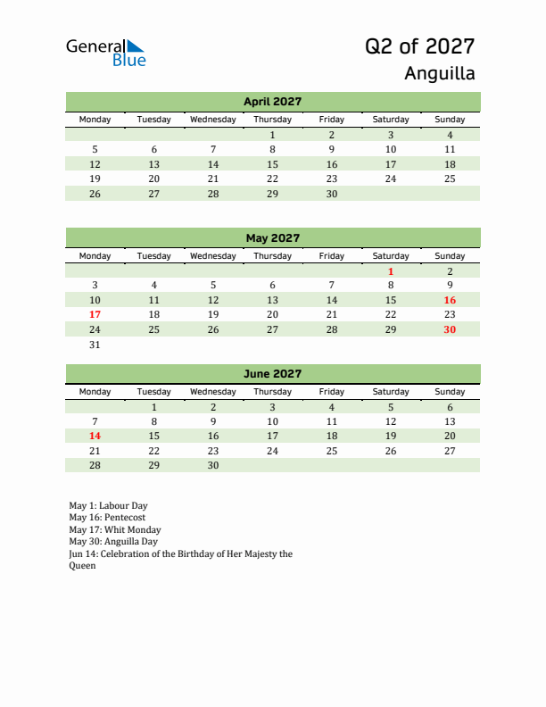 Quarterly Calendar 2027 with Anguilla Holidays