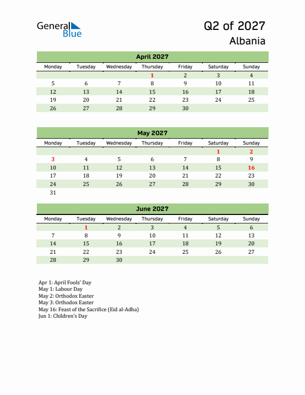 Quarterly Calendar 2027 with Albania Holidays