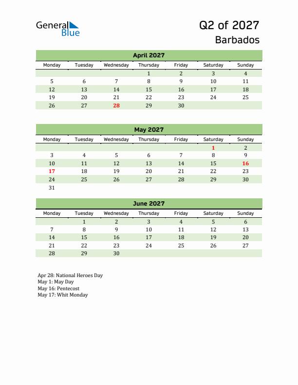 Quarterly Calendar 2027 with Barbados Holidays