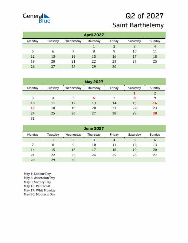 Quarterly Calendar 2027 with Saint Barthelemy Holidays