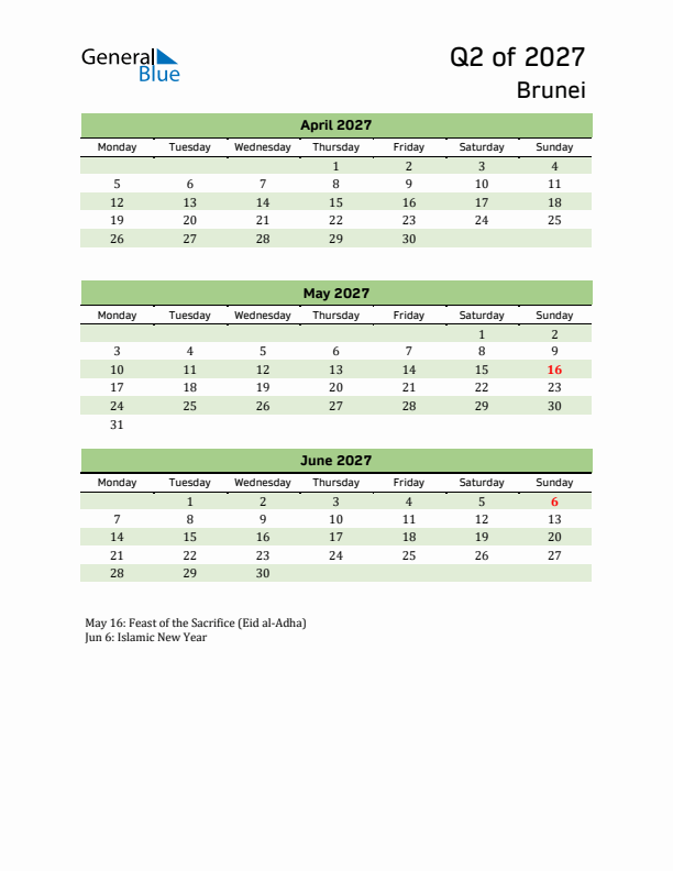 Quarterly Calendar 2027 with Brunei Holidays