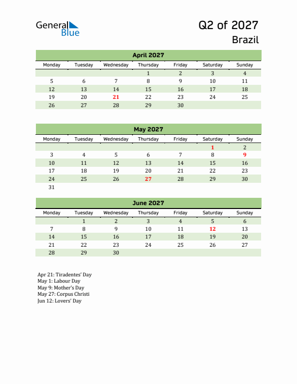 Quarterly Calendar 2027 with Brazil Holidays