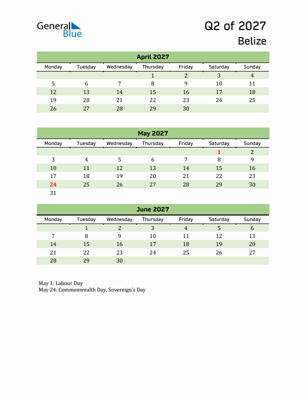 Quarterly Calendar 2027 with Belize Holidays