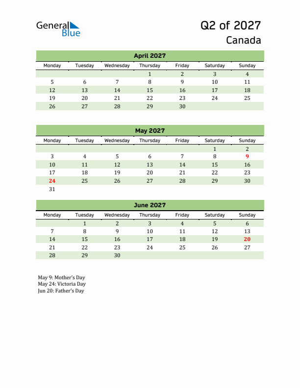 Quarterly Calendar 2027 with Canada Holidays