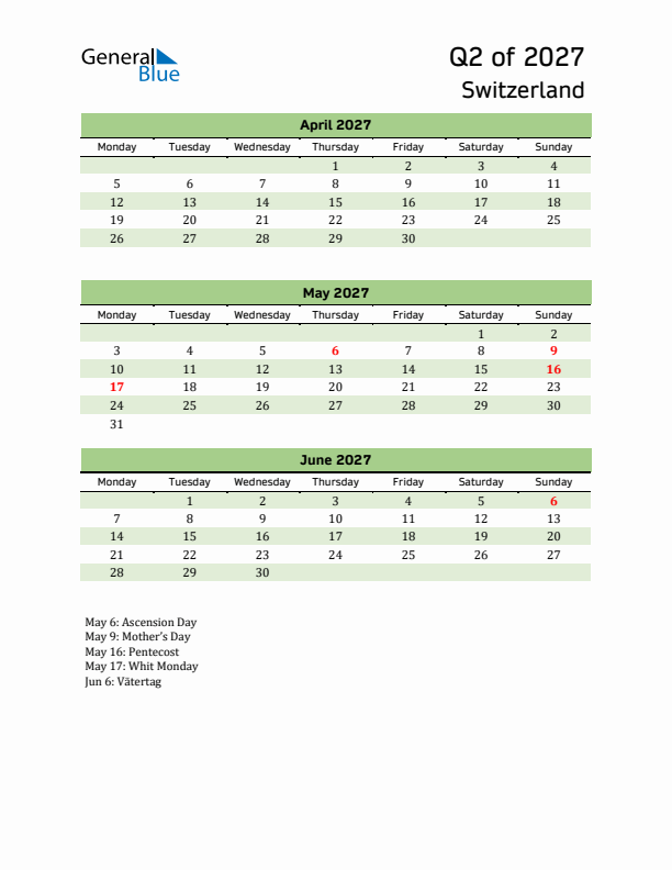 Quarterly Calendar 2027 with Switzerland Holidays