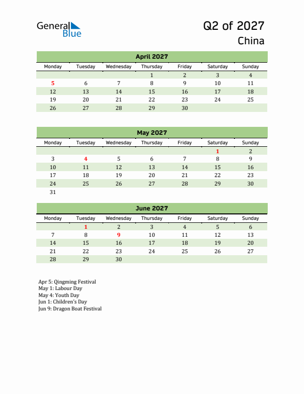 Quarterly Calendar 2027 with China Holidays