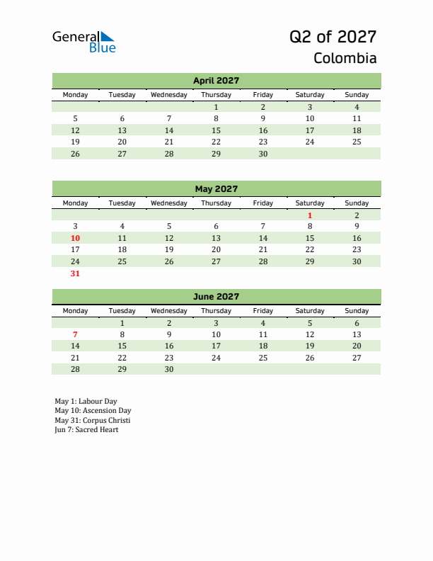 Quarterly Calendar 2027 with Colombia Holidays