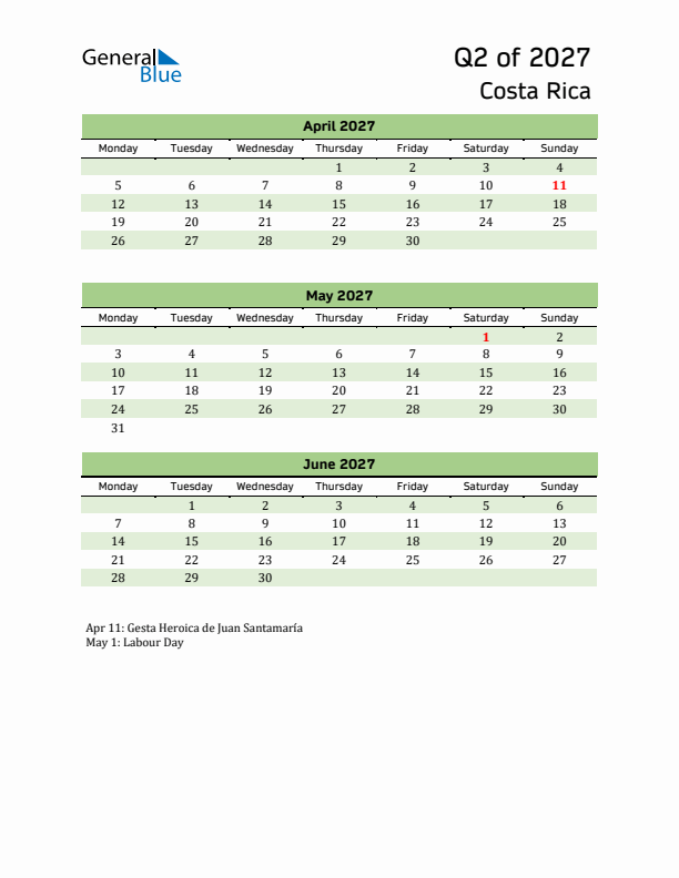 Quarterly Calendar 2027 with Costa Rica Holidays