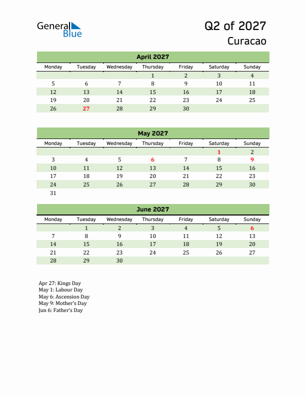 Quarterly Calendar 2027 with Curacao Holidays