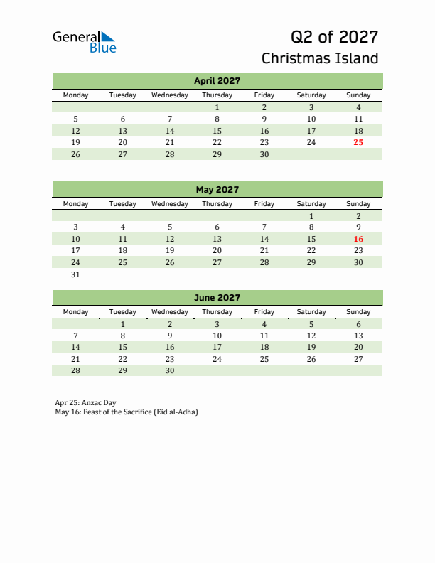 Quarterly Calendar 2027 with Christmas Island Holidays