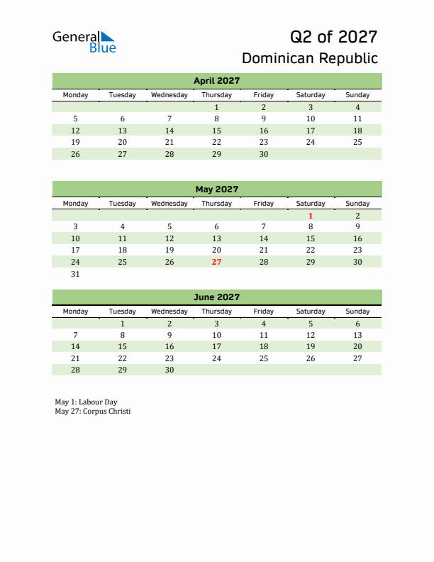 Quarterly Calendar 2027 with Dominican Republic Holidays