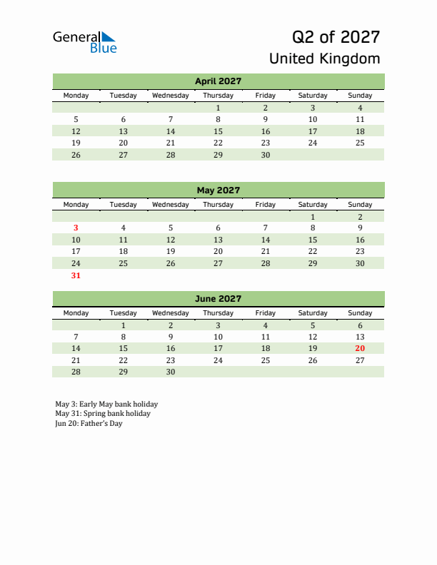 Quarterly Calendar 2027 with United Kingdom Holidays