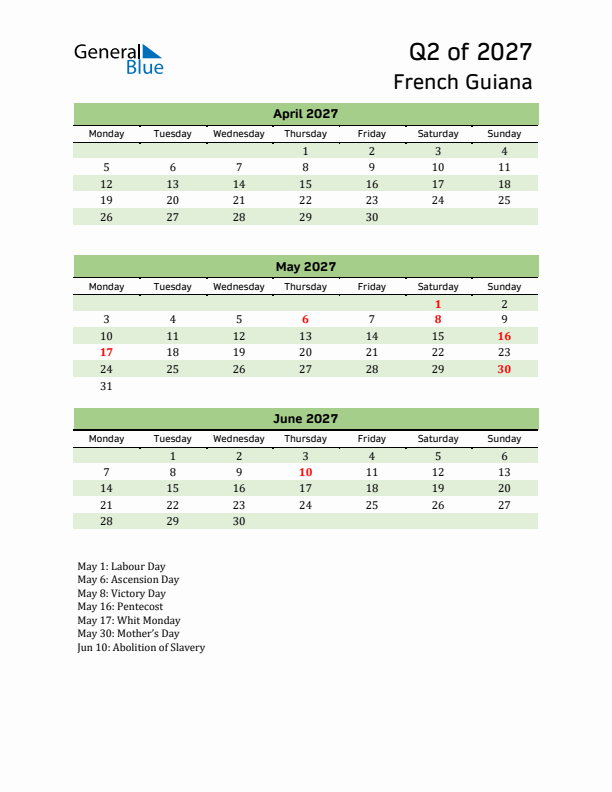 Quarterly Calendar 2027 with French Guiana Holidays