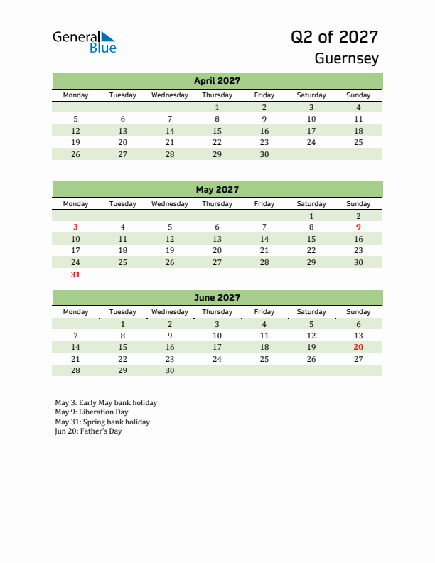 Quarterly Calendar 2027 with Guernsey Holidays