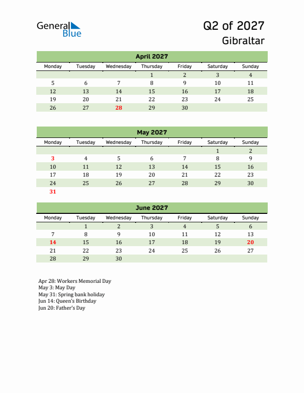 Quarterly Calendar 2027 with Gibraltar Holidays