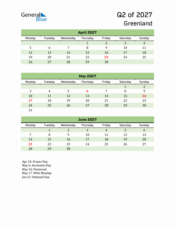 Quarterly Calendar 2027 with Greenland Holidays