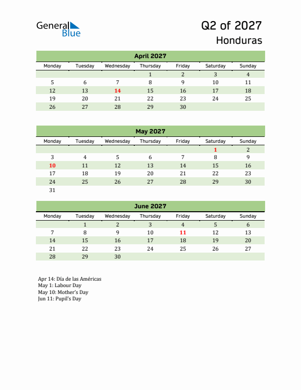 Quarterly Calendar 2027 with Honduras Holidays