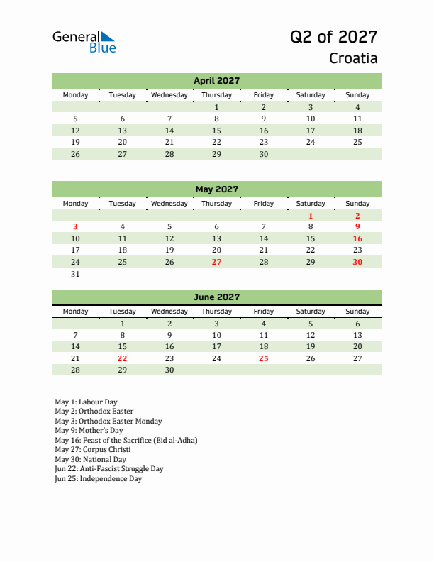 Quarterly Calendar 2027 with Croatia Holidays