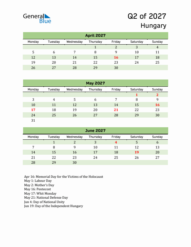 Quarterly Calendar 2027 with Hungary Holidays