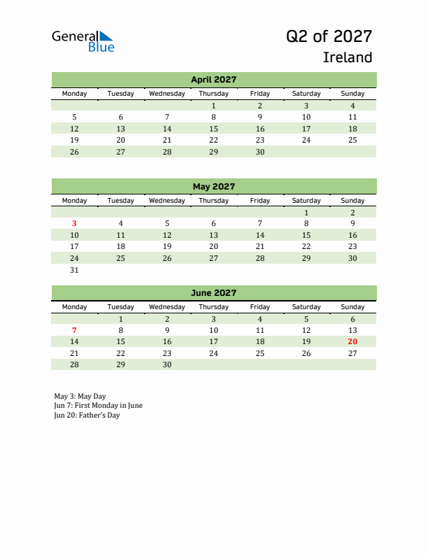 Quarterly Calendar 2027 with Ireland Holidays